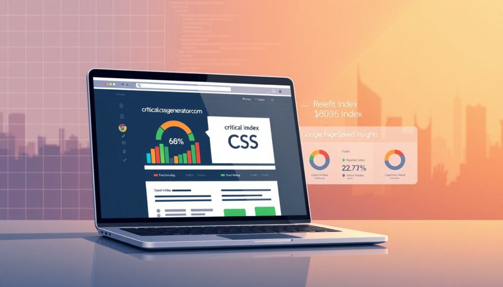 A stylish, realistic illustration showcasing the benefits of critical CSS. In the foreground, a sleek, modern laptop displays a fast-loading website, the "criticalcssgenerator.com" logo prominently featured. In the middle ground, vibrant charts and graphs demonstrate the improvements in Speed Index and Google PageSpeed Insights scores. The background is a subtle blend of grids, code snippets, and a warm, glowing cityscape, conveying the technical and performance-driven nature of the subject. The lighting is soft and directional, creating depth and drama. The overall mood is one of efficiency, optimization, and a sense of progress.