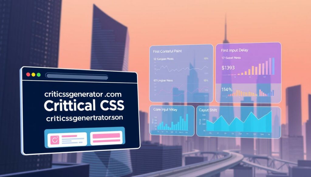 A visually striking digital illustration depicting the core concepts of "Critical CSS and Core Web Vitals". In the foreground, a stylized web browser window showcases the website "criticalcssgenerator.com", highlighting its role in optimizing CSS for improved performance. In the middle ground, vibrant data visualizations and graphs illustrate the key Core Web Vitals metrics such as Largest Contentful Paint, First Input Delay, and Cumulative Layout Shift. The background features a sleek, minimalist cityscape with towering skyscrapers, conveying the importance of web performance in the modern digital landscape. The overall mood is one of technical sophistication and cutting-edge web optimization.